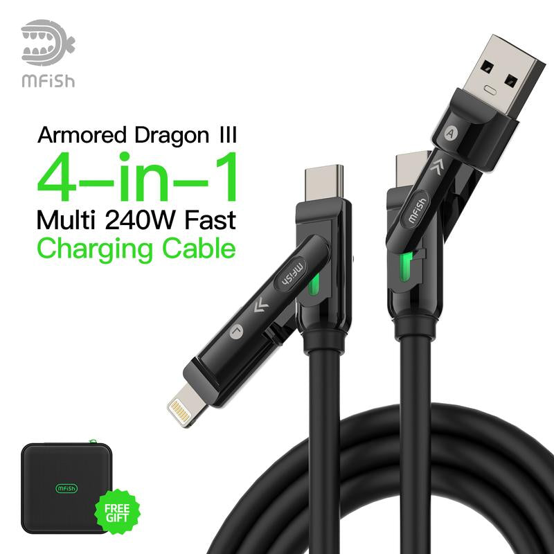 Mfish Armored Dragon I 4-In-1 Multi 240W Fast Charging Cable with USB a Type C Lightning for Iphone17&Samsung Laptops Charger