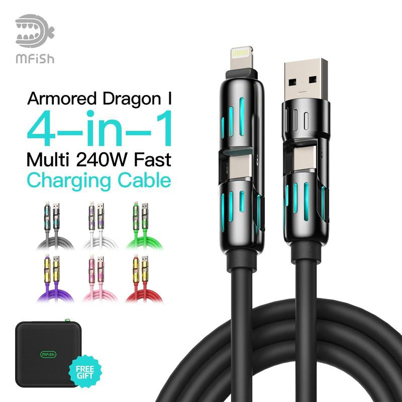 Mfish Armored Dragon I 4-In-1 Multi 240W Fast Charging Cable with USB a Type C Lightning for Iphone17&Samsung Laptops Charger