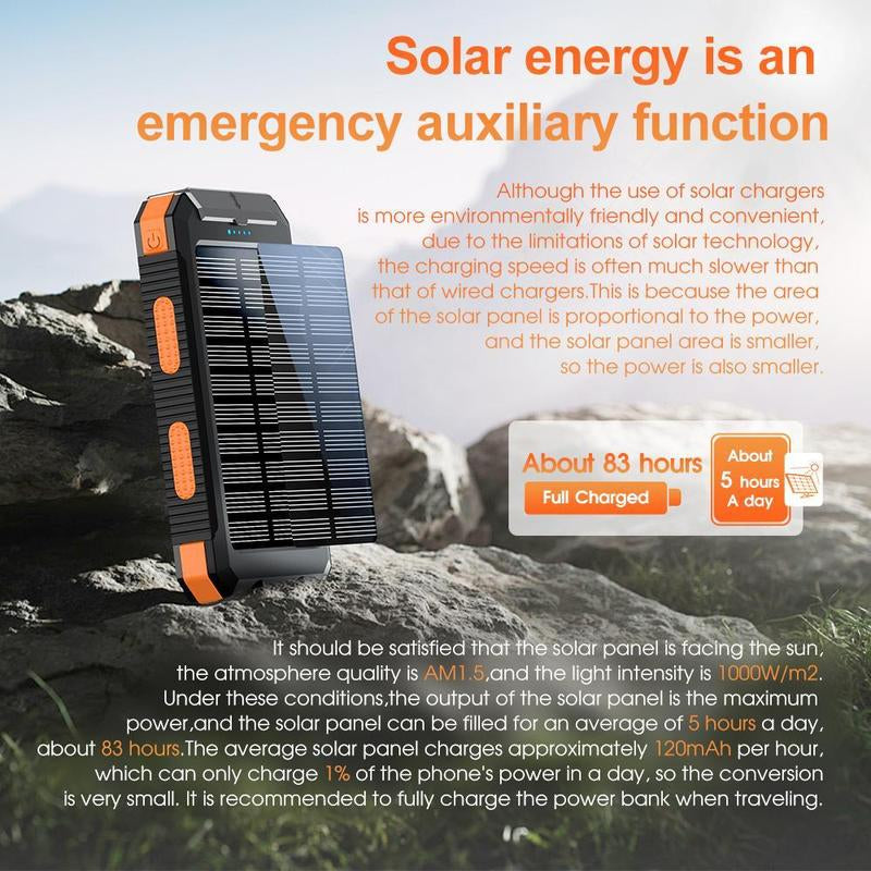 LOZE Solar Power Bank 10000Mah, Built-In Super Bright Flashlight, Compass, Dual USB Output Ports Power Bank, Portable Charger with USB C Interface, Suitable for Android, Iphone, Suitable for Outdoor Camping, Suitable for Summer and Autumn Gifts.