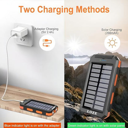 LOZE Solar Power Bank 10000Mah, Built-In Super Bright Flashlight, Compass, Dual USB Output Ports Power Bank, Portable Charger with USB C Interface, Suitable for Android, Iphone, Suitable for Outdoor Camping, Suitable for Summer and Autumn Gifts.