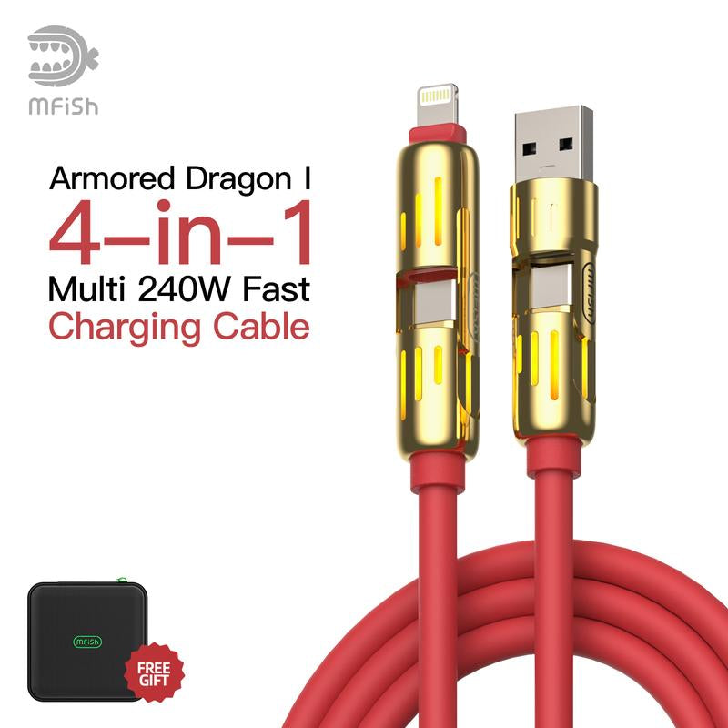 Mfish Armored Dragon I 4-In-1 Multi 240W Fast Charging Cable with USB a Type C Lightning for Iphone17&Samsung Laptops Charger