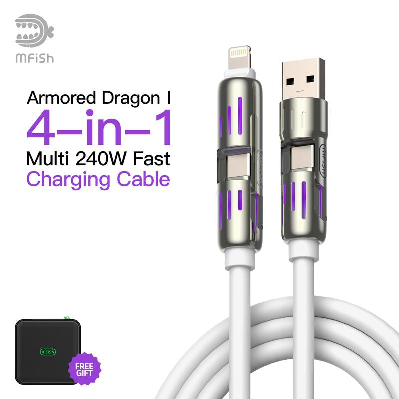 Mfish Armored Dragon I 4-In-1 Multi 240W Fast Charging Cable with USB a Type C Lightning for Iphone17&Samsung Laptops Charger