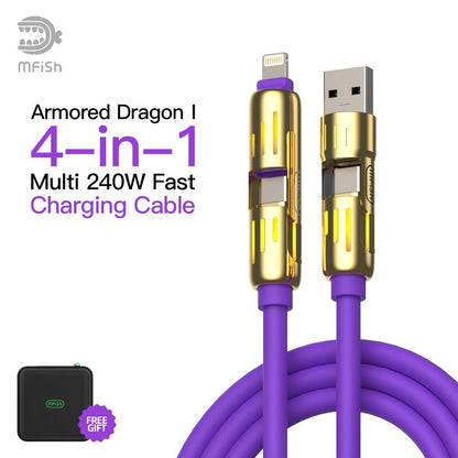 Mfish Armored Dragon I 4-In-1 Multi 240W Fast Charging Cable with USB a Type C Lightning for Iphone17&Samsung Laptops Charger