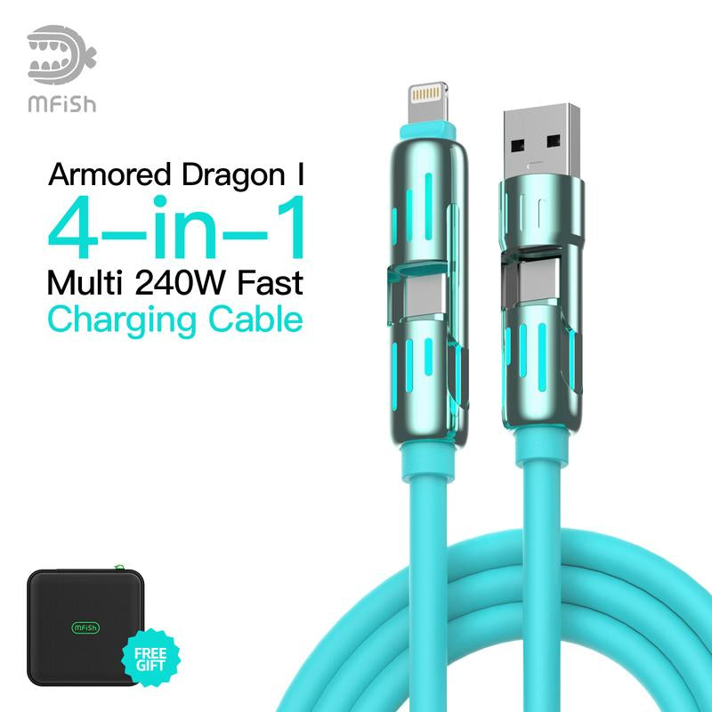 Mfish Armored Dragon I 4-In-1 Multi 240W Fast Charging Cable with USB a Type C Lightning for Iphone17&Samsung Laptops Charger
