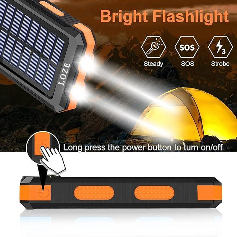 LOZE Solar Power Bank 10000Mah, Built-In Super Bright Flashlight, Compass, Dual USB Output Ports Power Bank, Portable Charger with USB C Interface, Suitable for Android, Iphone, Suitable for Outdoor Camping, Suitable for Summer and Autumn Gifts.