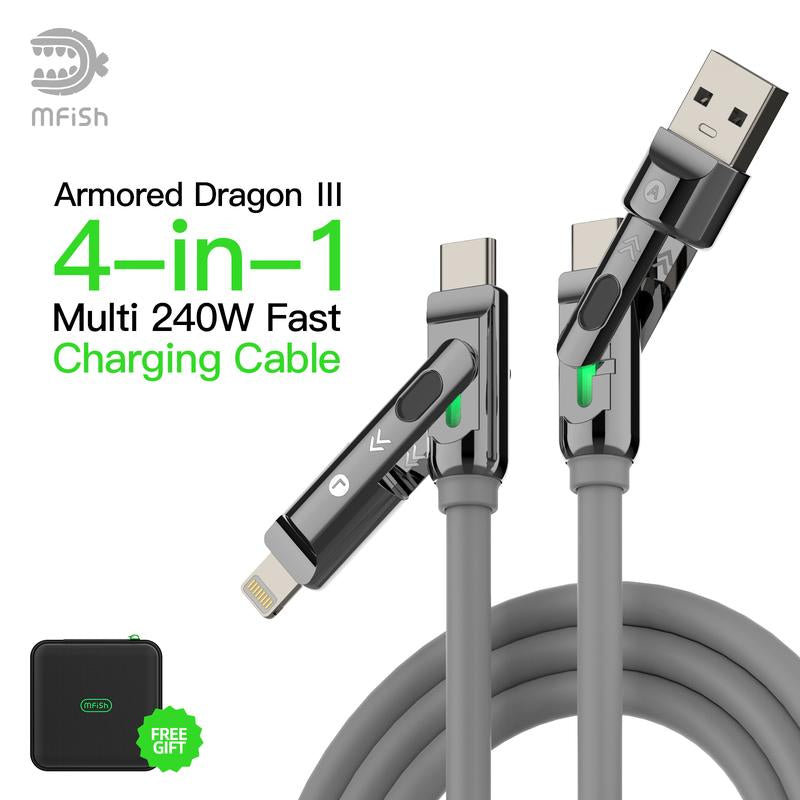Mfish Armored Dragon I 4-In-1 Multi 240W Fast Charging Cable with USB a Type C Lightning for Iphone17&Samsung Laptops Charger