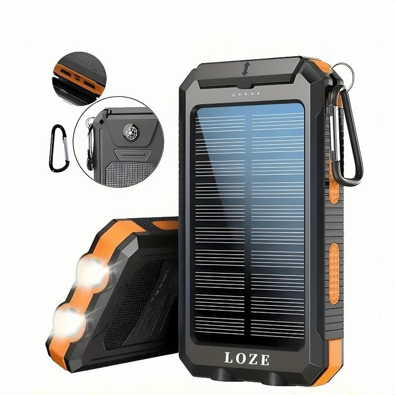LOZE Solar Power Bank 10000Mah, Built-In Super Bright Flashlight, Compass, Dual USB Output Ports Power Bank, Portable Charger with USB C Interface, Suitable for Android, Iphone, Suitable for Outdoor Camping, Suitable for Summer and Autumn Gifts.