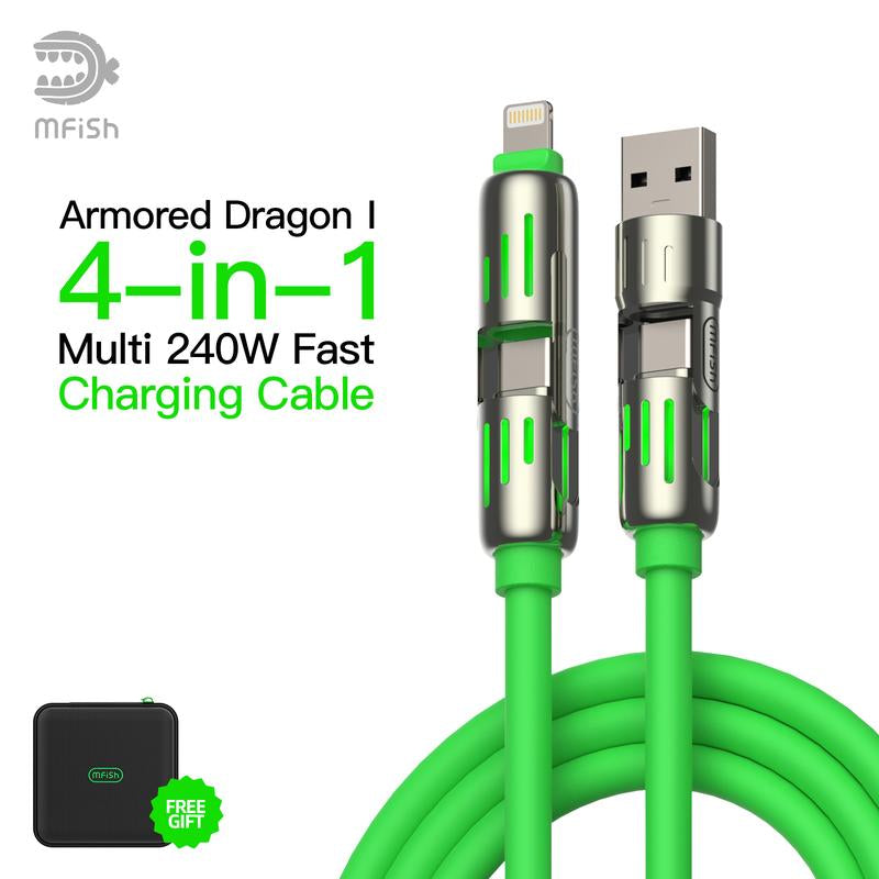 Mfish Armored Dragon I 4-In-1 Multi 240W Fast Charging Cable with USB a Type C Lightning for Iphone17&Samsung Laptops Charger