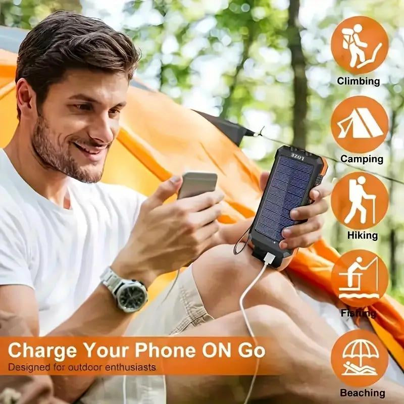 LOZE Solar Power Bank 10000Mah, Built-In Super Bright Flashlight, Compass, Dual USB Output Ports Power Bank, Portable Charger with USB C Interface, Suitable for Android, Iphone, Suitable for Outdoor Camping, Suitable for Summer and Autumn Gifts.