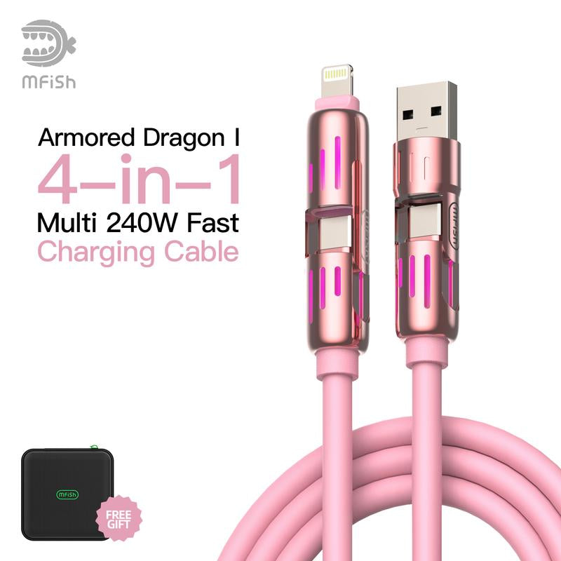 Mfish Armored Dragon I 4-In-1 Multi 240W Fast Charging Cable with USB a Type C Lightning for Iphone17&Samsung Laptops Charger