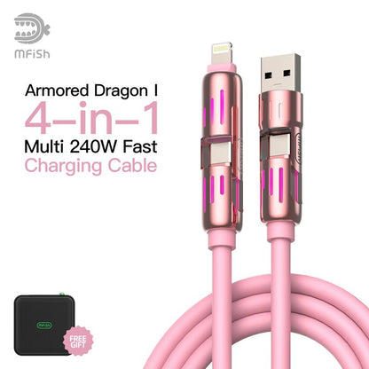 Mfish Armored Dragon I 4-In-1 Multi 240W Fast Charging Cable with USB a Type C Lightning for Iphone17&Samsung Laptops Charger