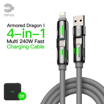 Mfish Armored Dragon I 4-In-1 Multi 240W Fast Charging Cable with USB a Type C Lightning for Iphone17&Samsung Laptops Charger
