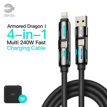 Mfish Armored Dragon I 4-In-1 Multi 240W Fast Charging Cable with USB a Type C Lightning for Iphone17&Samsung Laptops Charger